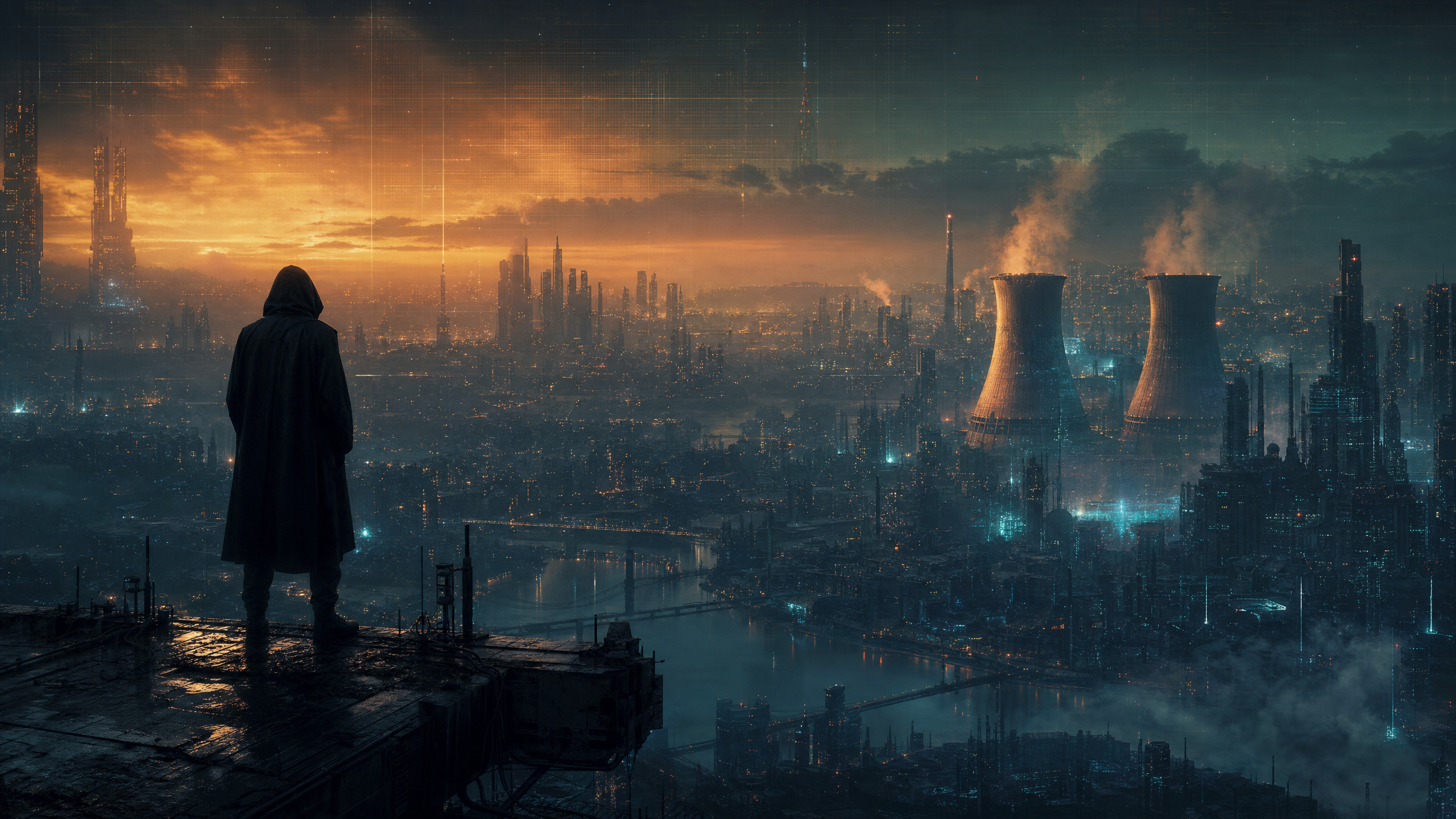 A lone figure overlooks a futuristic city under a warming sky